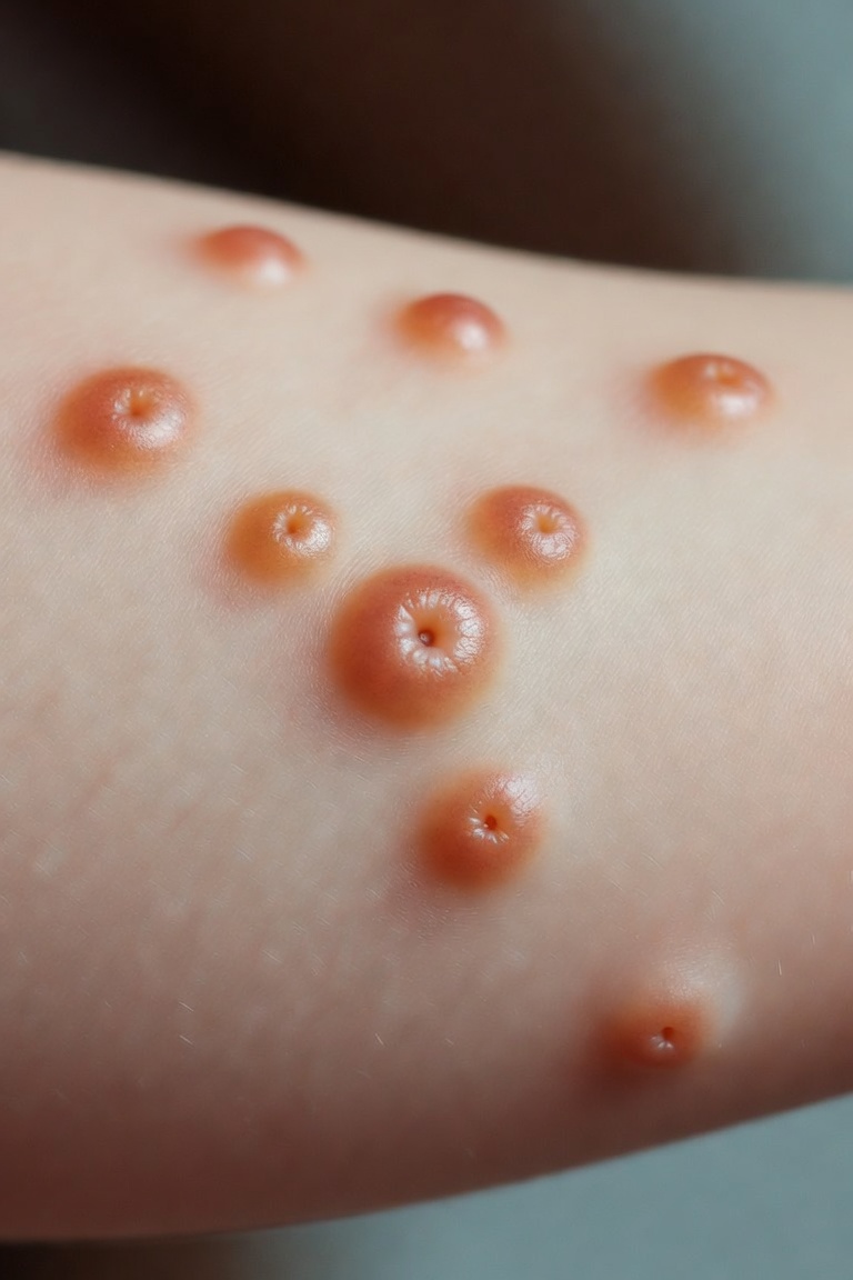 Molluscum contagiosum is a common viral skin infection caused by a poxvirus. It results in small, painless, pearly or skin-colored bumps with a characteristic central dimple (umbilication). 