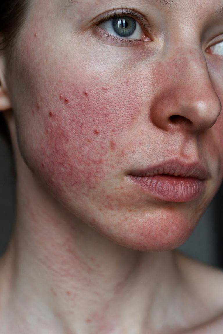 Rosacea - During flare-ups, a patient may experience redness, flushing, red bumps and/or pus bumps on their face, which can potentially spread to their chest and back. 